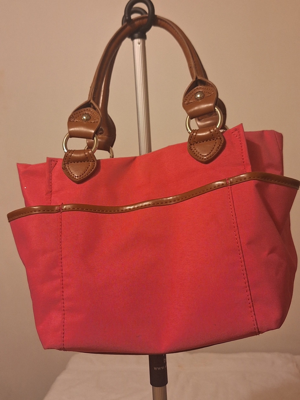 Tyler Rodan Coral Canvas Tote with Tan Trim and Multicolor Tag (13.5 X 8.5 X 4.5 - Picture 9 of 16